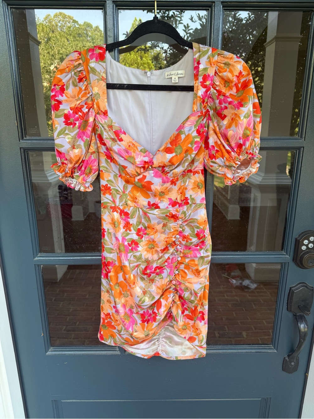 For Love & Lemons Orange and Pink Floral Puff-Sleeve Mini Dress